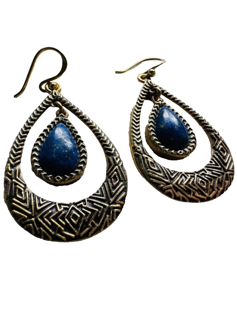 Boho BARSE 925 Lapis Lazuli Gold Tone Drop Dangle Pierced Earrings 1 5/8"